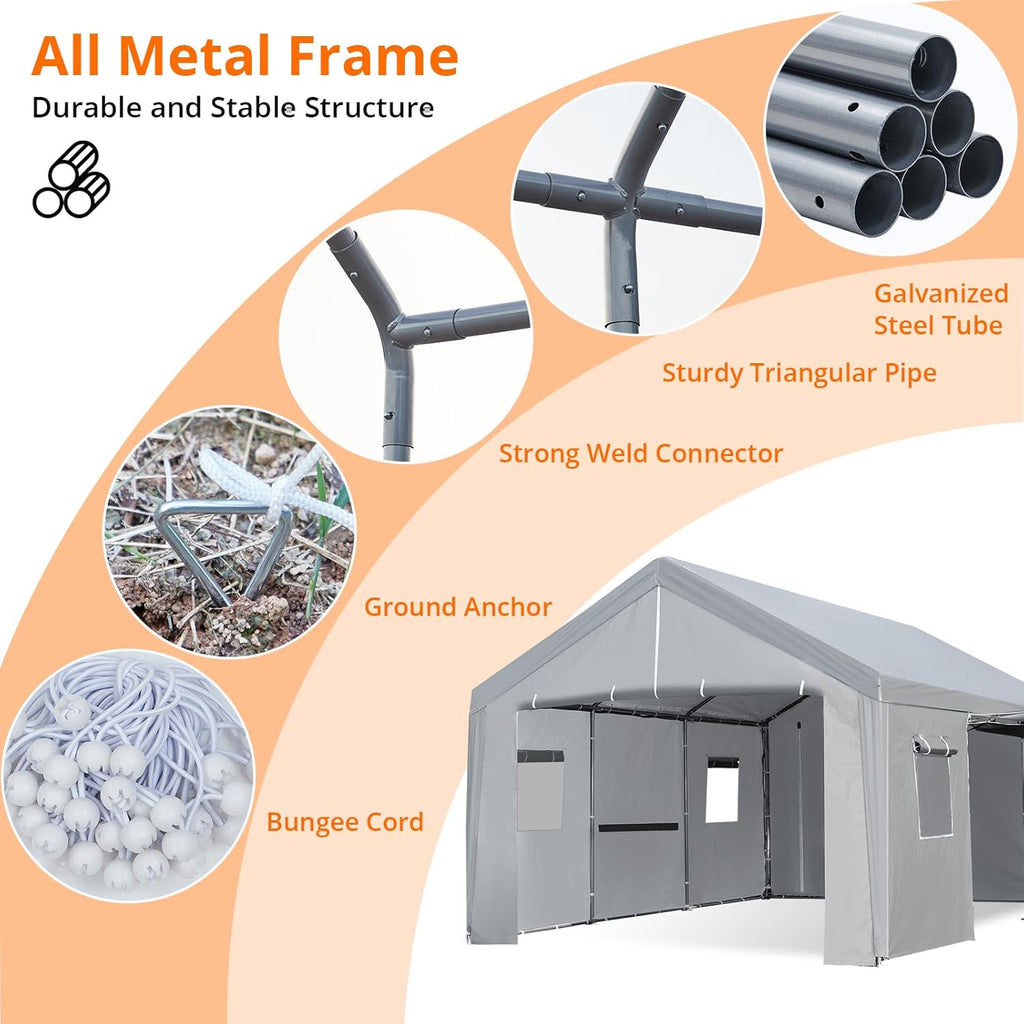 Carport 10×20 FT Portable Garage, Heavy Duty Steel Frame with Roll-up Doors, Grey W27744