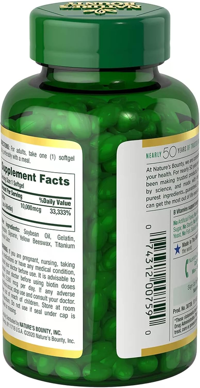 Nature's Bounty Biotin 10,000 mcg Rapid Release Softgels, 250 Count K39591