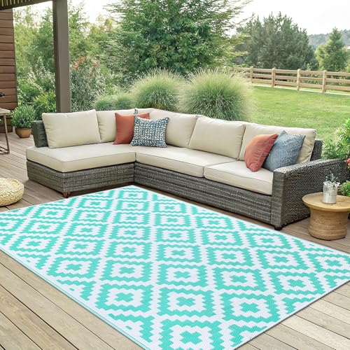 Smiry Waterproof Outdoor Rug 5x8 ft, Reversible Plastic Straw Patio Mat, Black & Beige P20186