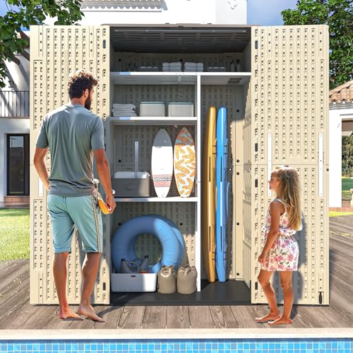 60 Cu.Ft Vertical Outdoor Storage Shed, All-Weather Resin Cabinet, Lockable, Khaki A6694