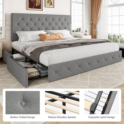 Allewie Upholstered Queen Platform Bed Frame with 4 Drawers and Headboard, Light Grey A922