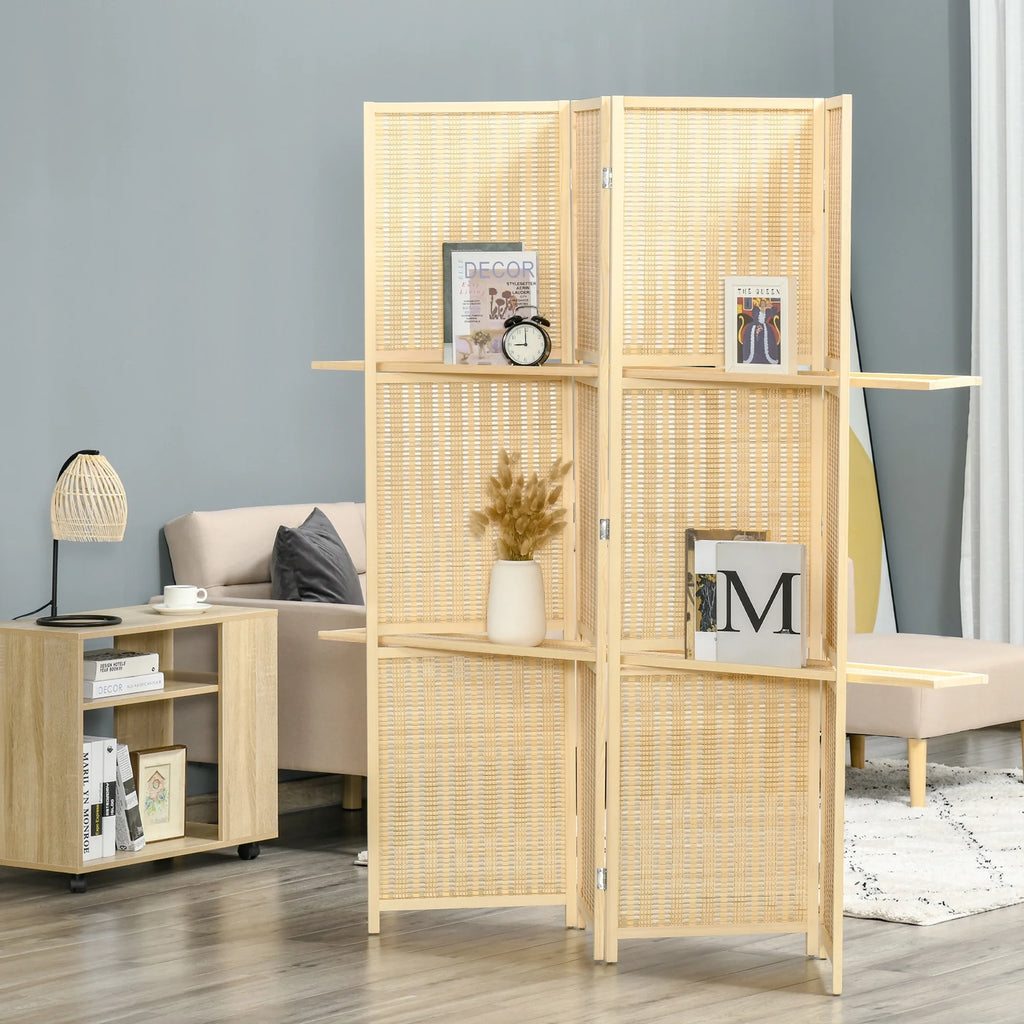 HOMCOM 4-Panel Folding Bamboo Room Divider with Storage Shelves, 6 Ft, Natural Wood H7331