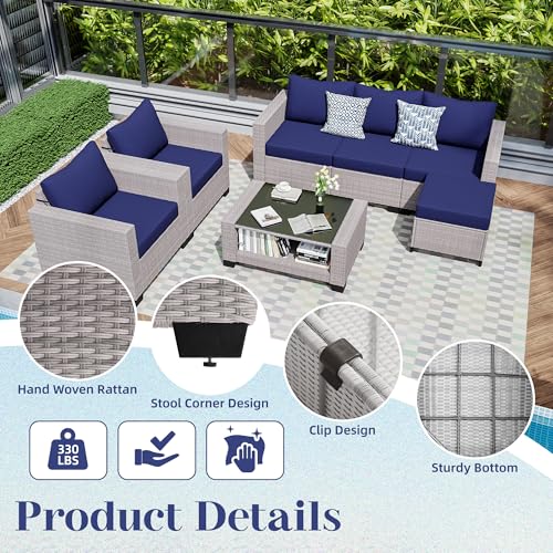 KIGOTY Patio Furniture Set 7 Pieces Outdoor Sectional Sofa with Cushions and Glass Coffee Table B60021