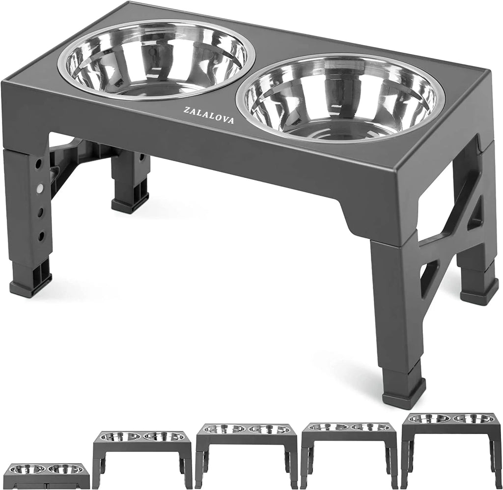 ZALALOVA Elevated Dog Bowls Stand with 2 Stainless Steel Dishes, Raised Dog Bowl Adjusts to 5 Heights (3.15", 8.9", 10",11.2", 12.4") for Medium and Large Dogs（Gray）