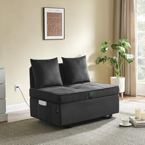 Velvet Convertible Sofa Bed Sleeper Chair with 2 Throw Pillows, Dark Grey U621331