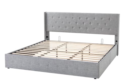 Allewie Full Size Lift Up Storage Bed with Wingback Headboard, Light Beige C85153