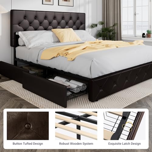 Allewie Upholstered Queen Platform Bed Frame with 4 Drawers and Headboard, Light Grey A922