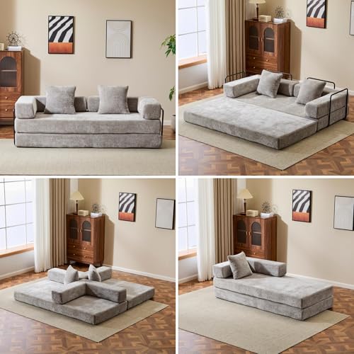 Convertible Floor Sofa Bed with Pillow Back and Armrest, Chenille, Dark Gray N4509
