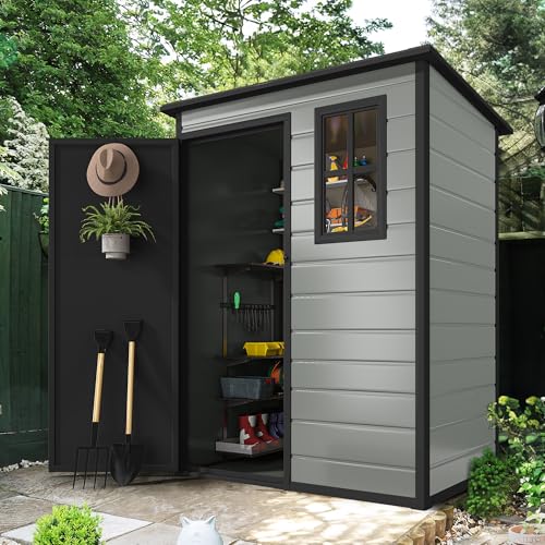 DWVO 5x3 FT Outdoor Storage Shed with Floor, Lockable Door & Window, Blue-Gray J40973