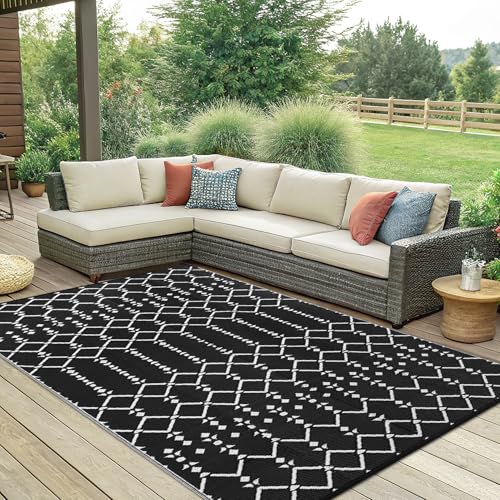 Smiry Waterproof Outdoor Rug 5x8 ft, Reversible Plastic Straw Patio Mat, Black & Beige P20186