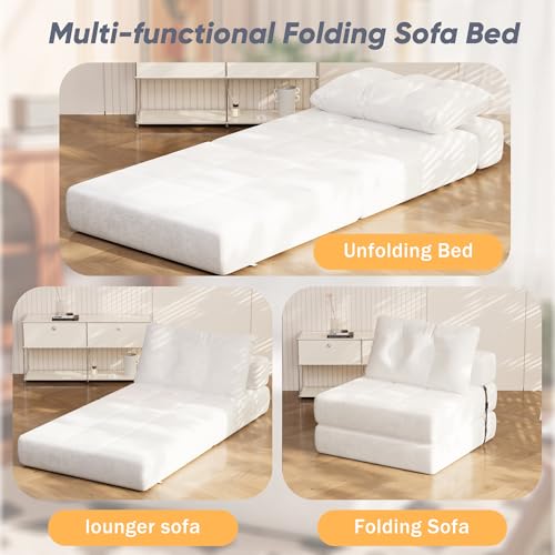 Homall Folding Sofa Bed with Headrest & Lumbar Pillow, Chenille Fabric, White M9437