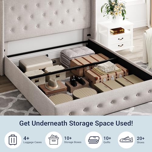 Allewie Full Size Lift Up Storage Bed with Wingback Headboard, Light Beige C85153