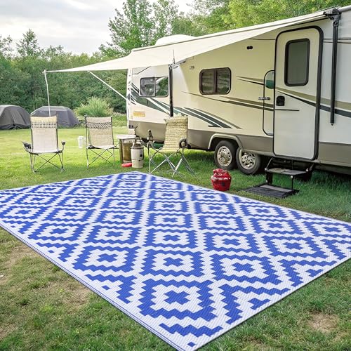 Smiry Waterproof Outdoor Rug 5x8 ft, Reversible Plastic Straw Patio Mat, Black & Beige P20186