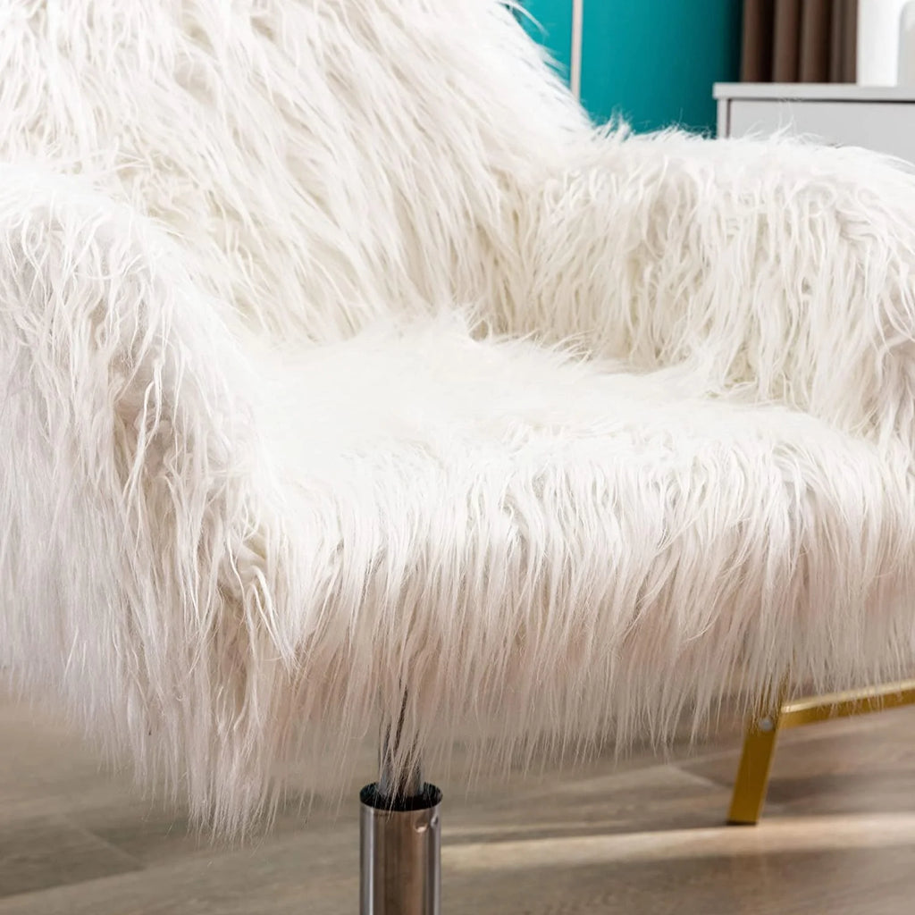 White Faux Fur Swivel Vanity Chair with Back V833