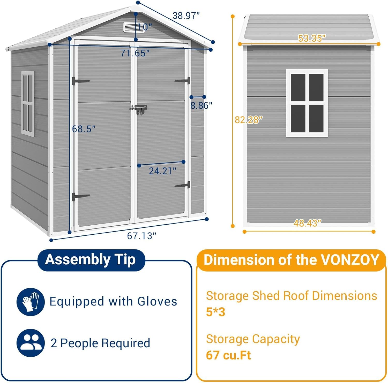 Outdoor Storage Shed 6x4.5 FT Resin with Lockable Door, Grey & White V210