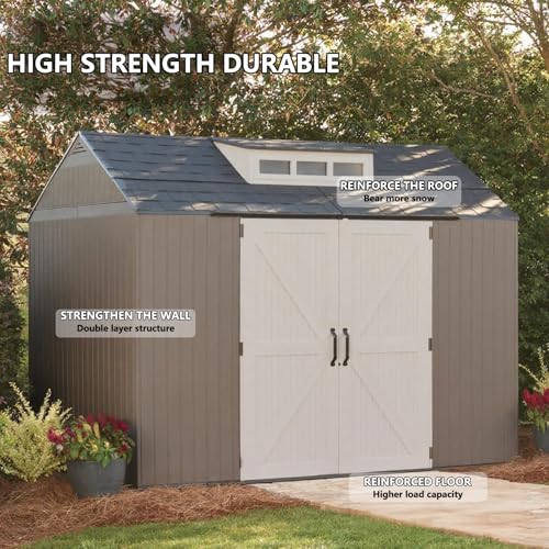 Resin Outdoor Storage Shed with Floor, Weatherproof, Lockable, Brown, 7x7 FT S969