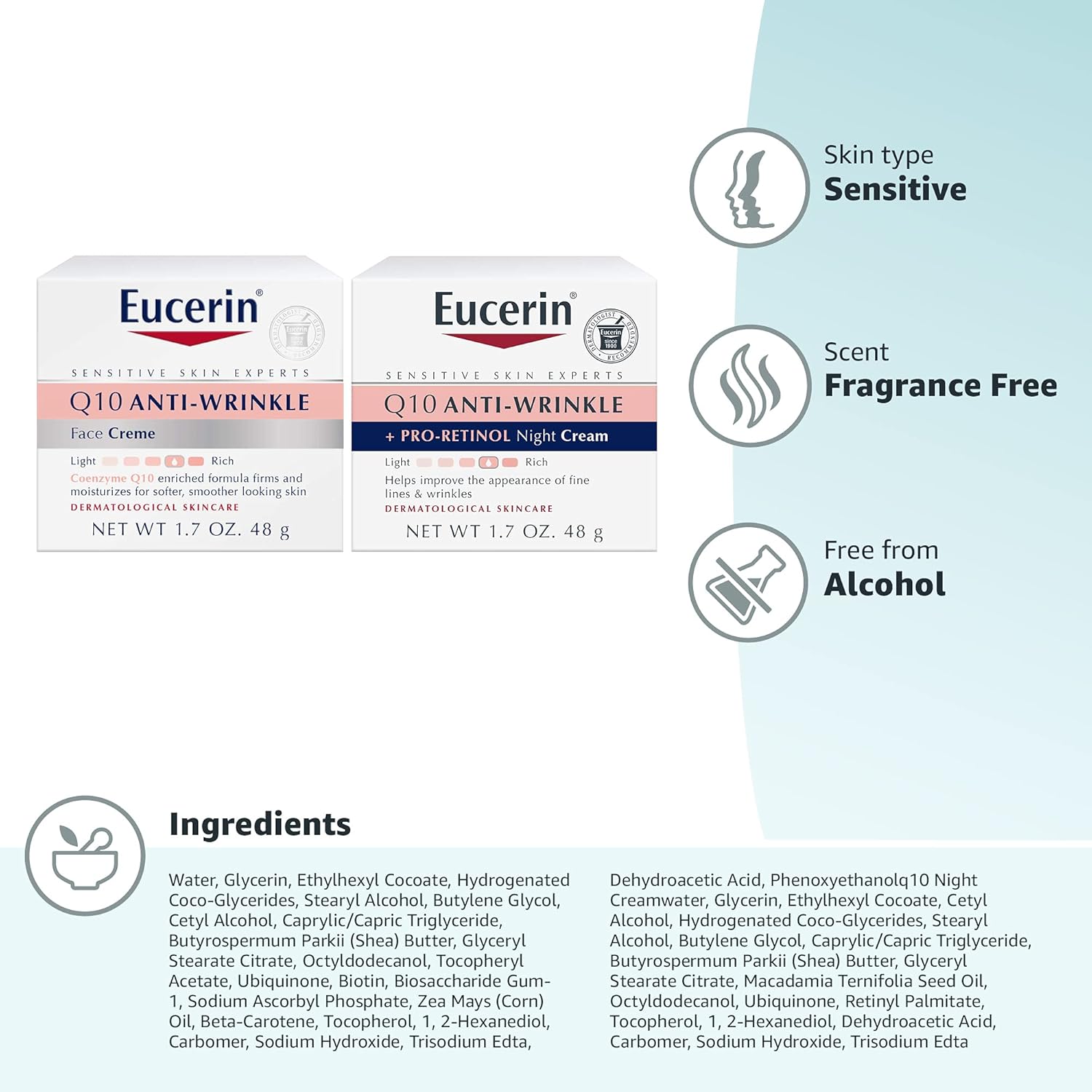 Eucerin Q10 Anti Wrinkle Face Cream & Night Cream Set for Sensitive Skin, 1.7 Oz Each R9325
