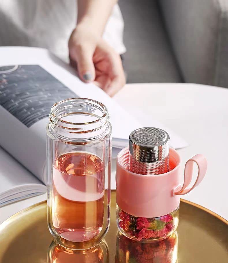 Double Wall Glass Tea Bottle with Infuser 14oz Blue Q159729
