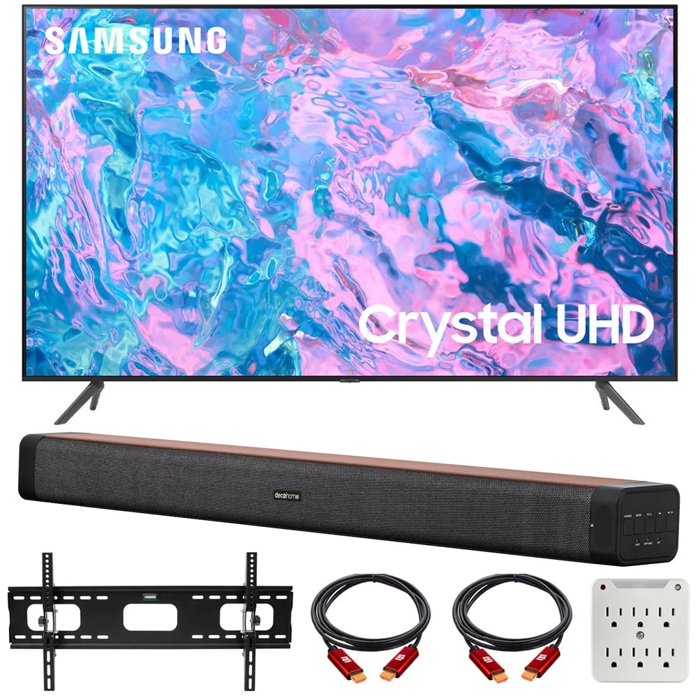 Samsung UN70CU7000 70 inch Crystal UHD 4K Smart TV Bundle with Deco Gear 60W 2.0 Channel Soundbar, 37"-100" TV Wall Mount Bracket Bundle and 6-Outlet Surge Adapter (2023 Model)