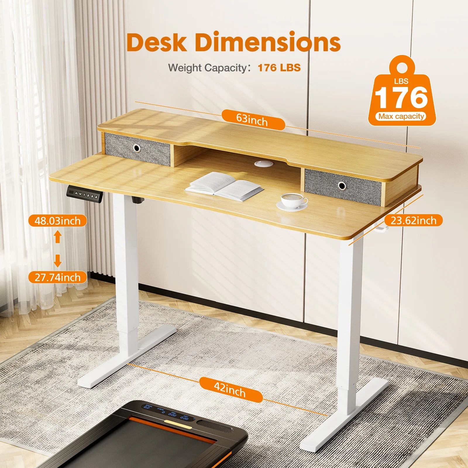 CoSoTower Electric Standing Desk with Storage Shelf Double Drawer K8099