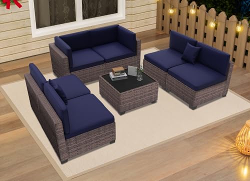 KIGOTY Patio Furniture Set 7 Pieces Outdoor Sectional Sofa with Cushions and Glass Coffee Table B60021