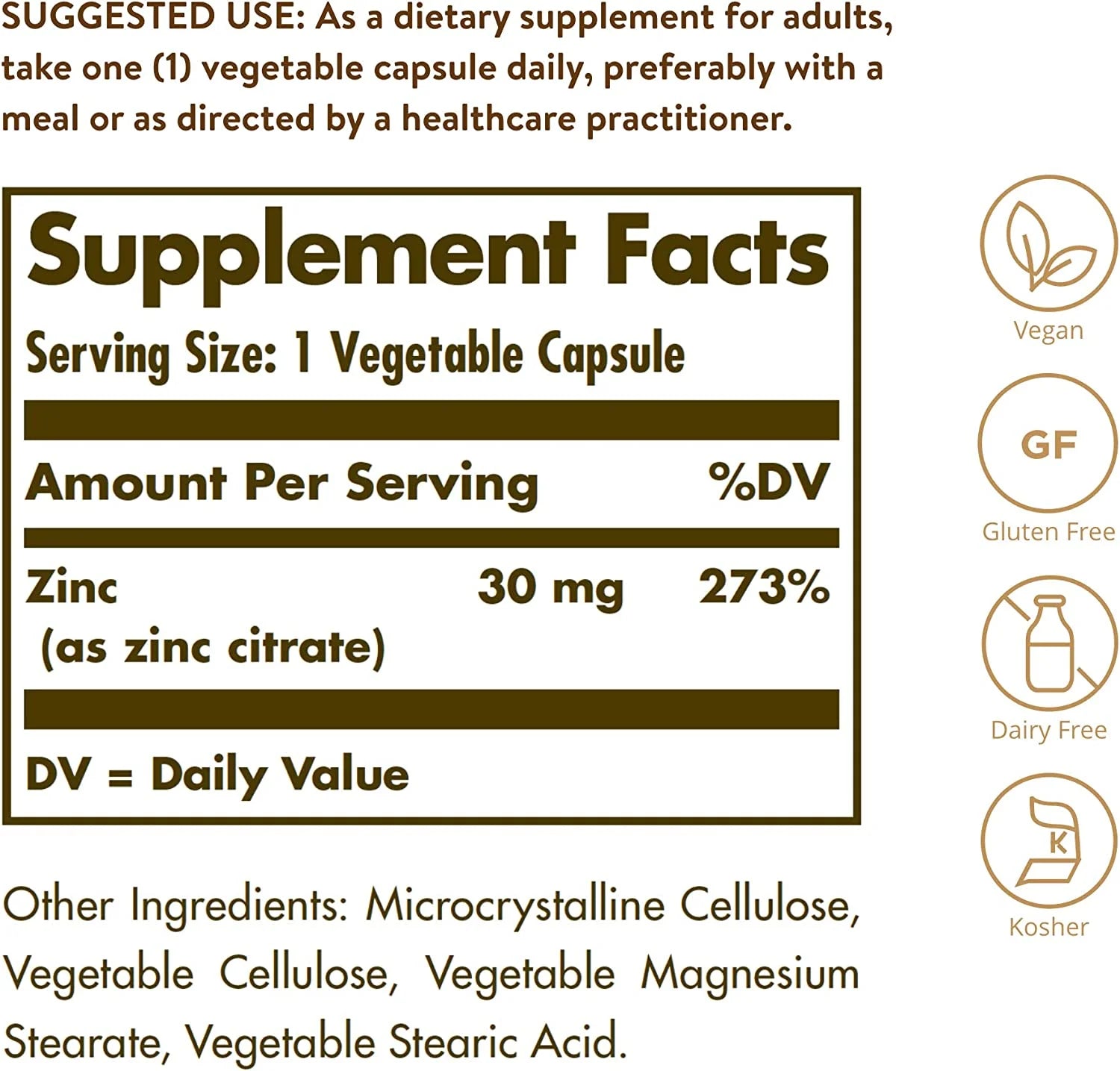 Solgar Zinc Citrate 30 mg, 100 Vegetable Capsules M283