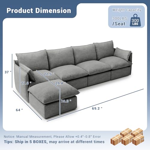 Cloud Modular Sectional Sofa, Waterproof Down Filled, High Backrest 5 Seater, Dark Gray J53470