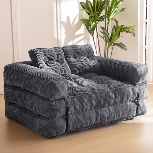 MAXYOYO Folding Sofa Bed L-Shaped Convertible Sleeper Couch with Pillow, Dark Grey X9070