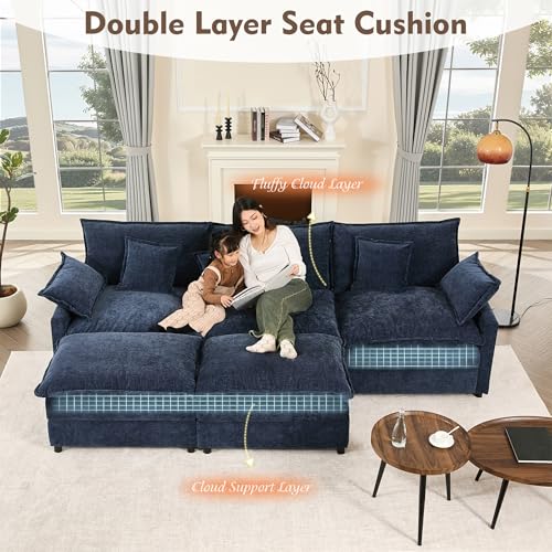 U Shaped Modular Sectional Sofa with Ottoman, Chenille, Black P2121