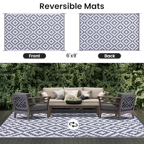 Smiry Waterproof Outdoor Rug 5x8 ft, Reversible Plastic Straw Patio Mat, Black & Beige P20186