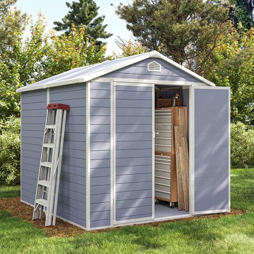 Aoxun 6 x 8 FT Outdoor Storage Shed with Window, Resin, Lockable Doors, Grey N693