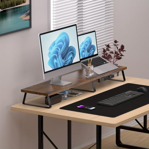 Dual Monitor Stand Wood Desk Organizer with Adjustable Length and Angle (Vintage) O519