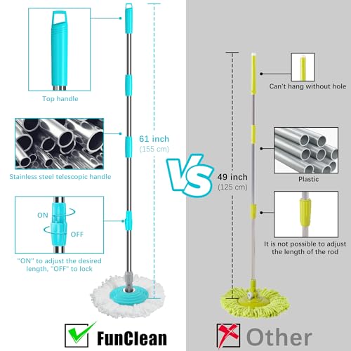 FunClean Spin Mop and Bucket with Wringer, 360° Floor Cleaning Tool, 61" Handle, Blue Q21676