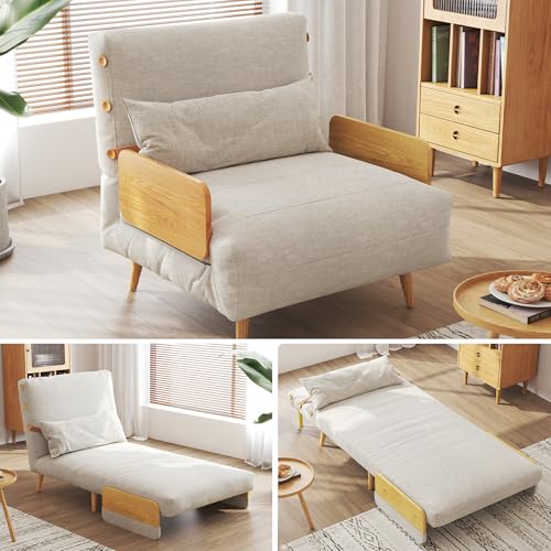 Convertible Chair Bed Sleeper for Adults with Wooden Arms, Linen G638