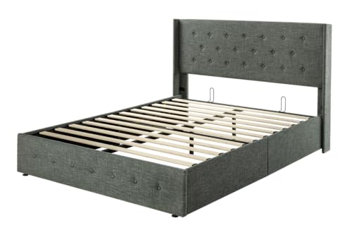 Allewie Full Size Lift Up Storage Bed with Wingback Headboard, Light Beige C85153
