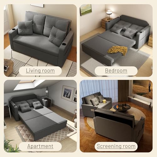 3 in 1 Pull Out Couch Convertible Sleeper Sofa Bed with Cup Holders, Grey U432