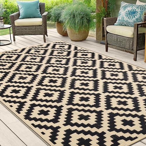 Smiry Waterproof Outdoor Rug 5x8 ft, Reversible Plastic Straw Patio Mat, Black & Beige P20186