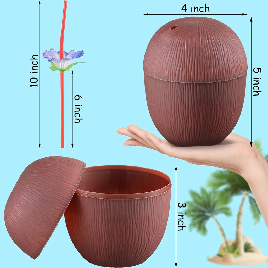 15 Pieces Coconut Cups with Hibiscus Straws for Hawaiian Luau Party A8720