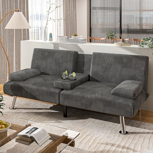 Shahoo Modern Linen Upholstered Convertible Futon Sofa Bed with Removable Armrests M32266