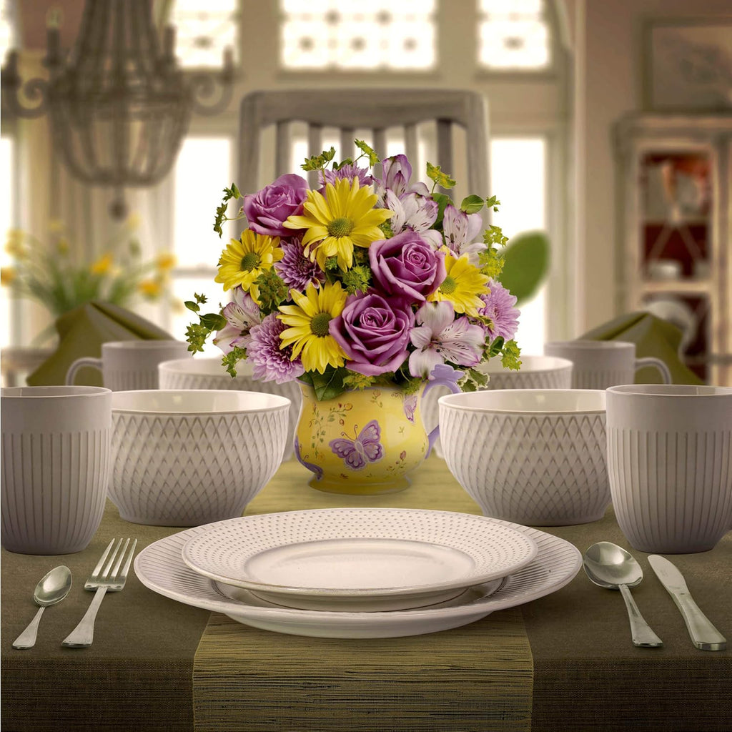 Elama Contemporary Round Embossed Stoneware Dinnerware Set, 16 Piece, White H295