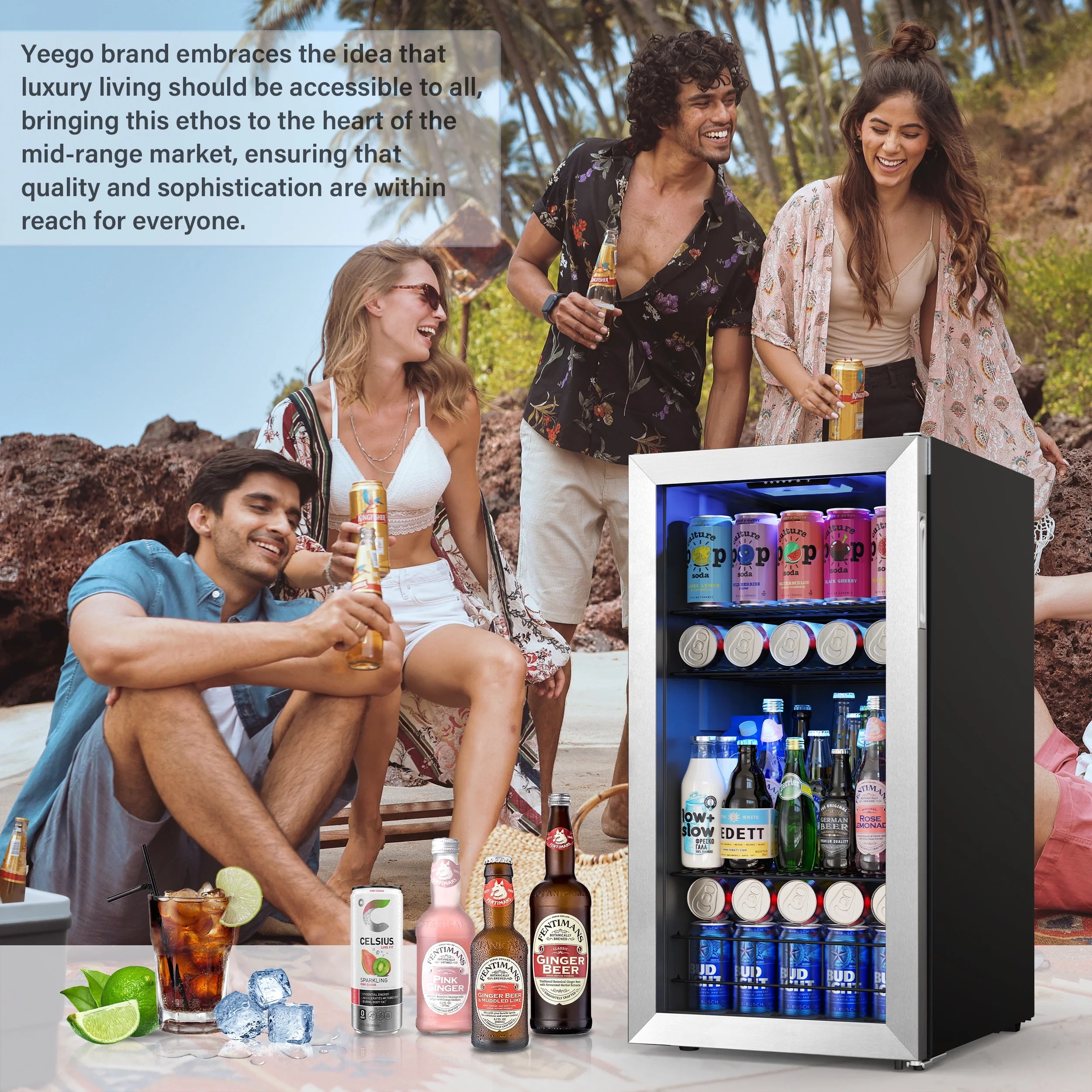 Yeego Beverage Refrigerator Cooler, Freestanding Mini Drink Fridge with Glass Door H135