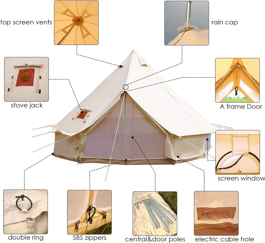 Waterproof Cotton Canvas Bell Tent with Stove Jack Hole for Family Camping C599