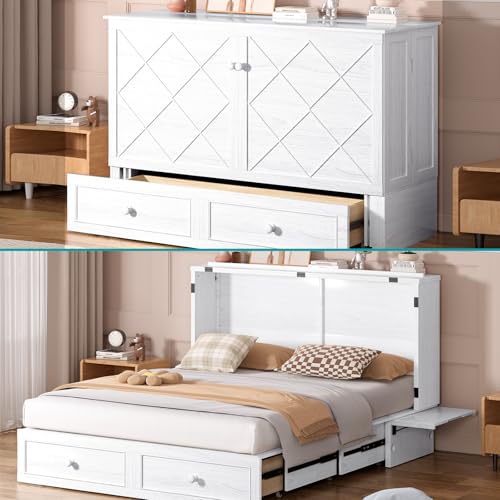 BALUS Murphy Bed Cabinet, 63" W Queen, Tri-fold Mattress, Cherry G595