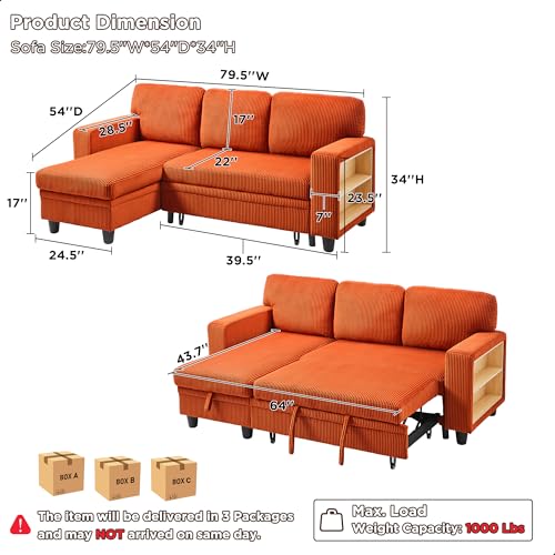 RedLemon 80” L-Shaped Sleeper Sofa Bed with Storage Chaise, Beige B354