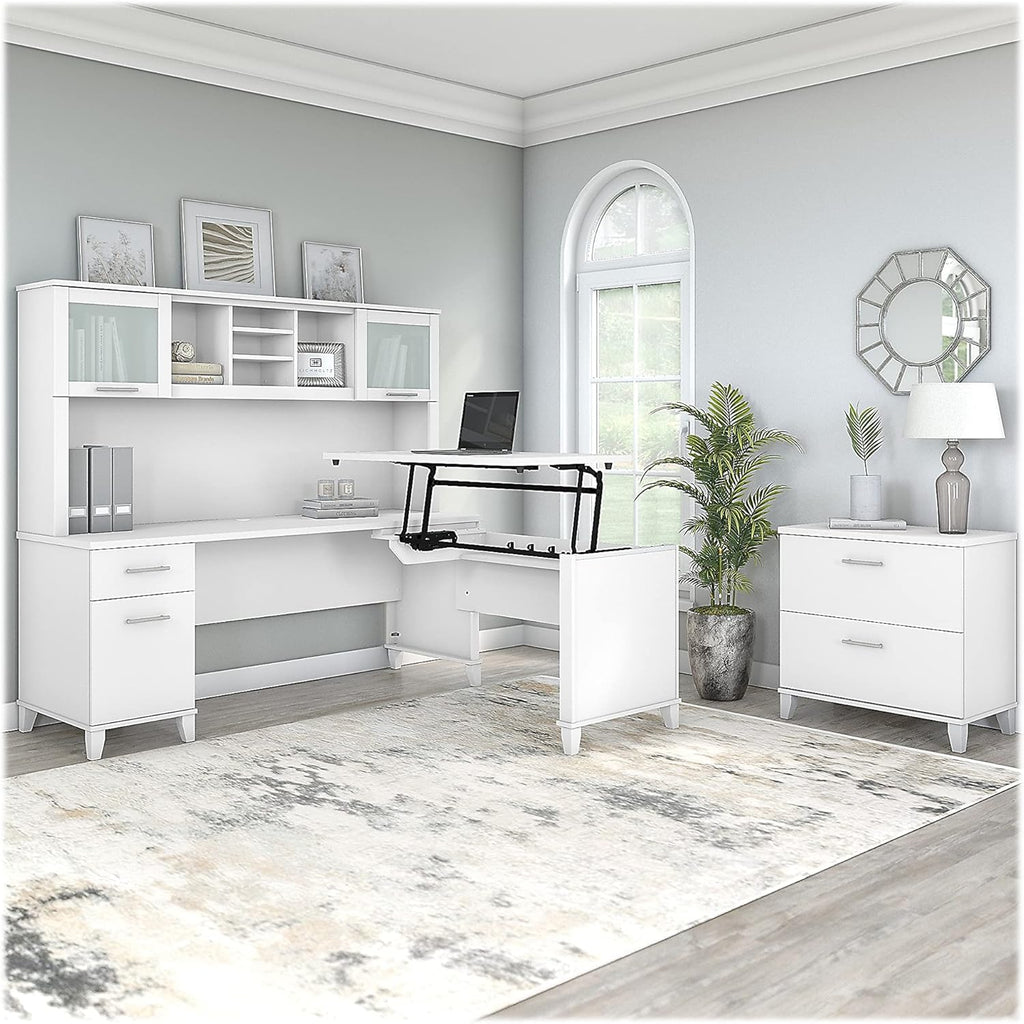 Bush Furniture Somerset 72W Sit to Stand L Shaped Desk with Hutch and File Cabinet X720448