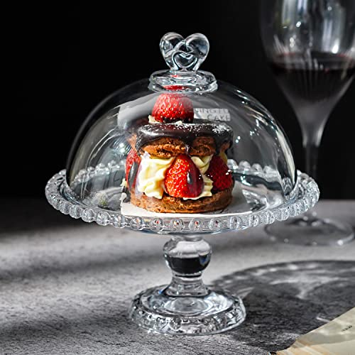 7" Crystal Cake Plate with Dome, Glass Serving Platter with Lid R996