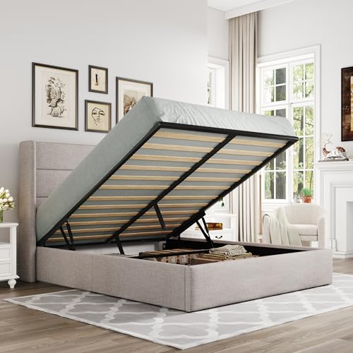 Allewie Full Size Lift Up Storage Bed with Wingback Headboard, Light Beige C85153