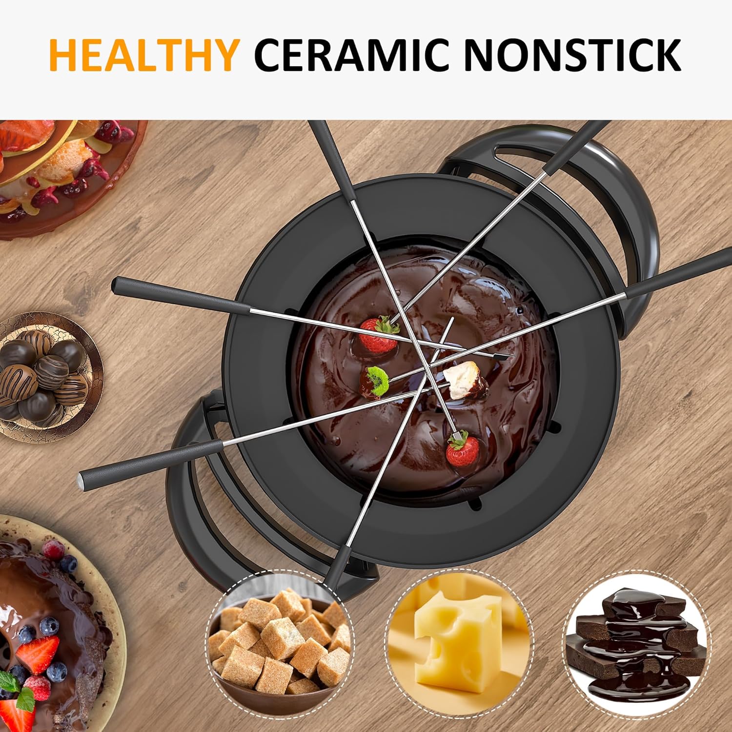 Sunvivi Electric Fondue Pot Set 3 Quart with Adjustable Temperature Control and 8 Forks M923702