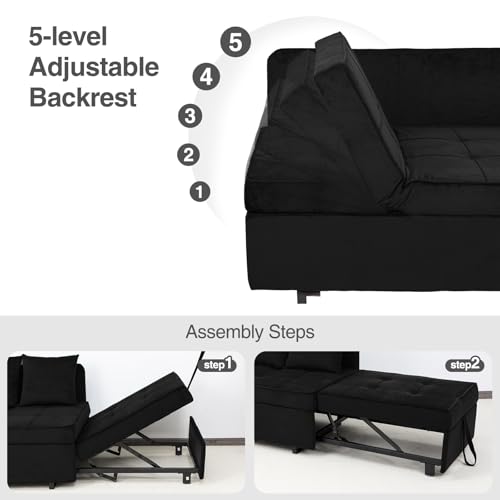 Velvet Convertible Sofa Bed Sleeper Chair with 2 Throw Pillows, Dark Grey U621331