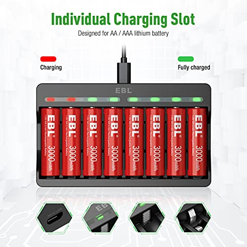EBL 8 Pack Rechargeable Lithium AA Batteries with Charger B631